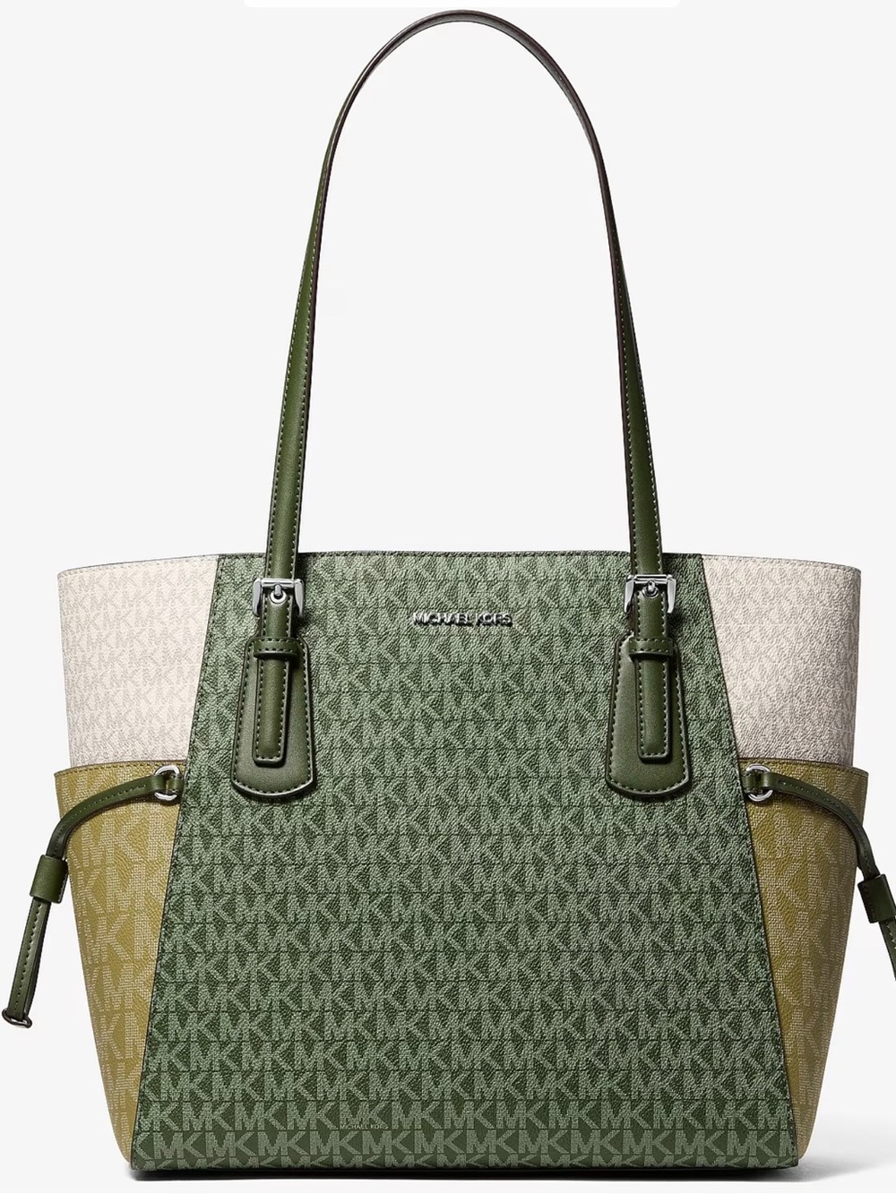 Michael Kors Green and Cream MK Logo Tote with Olive Side Panels